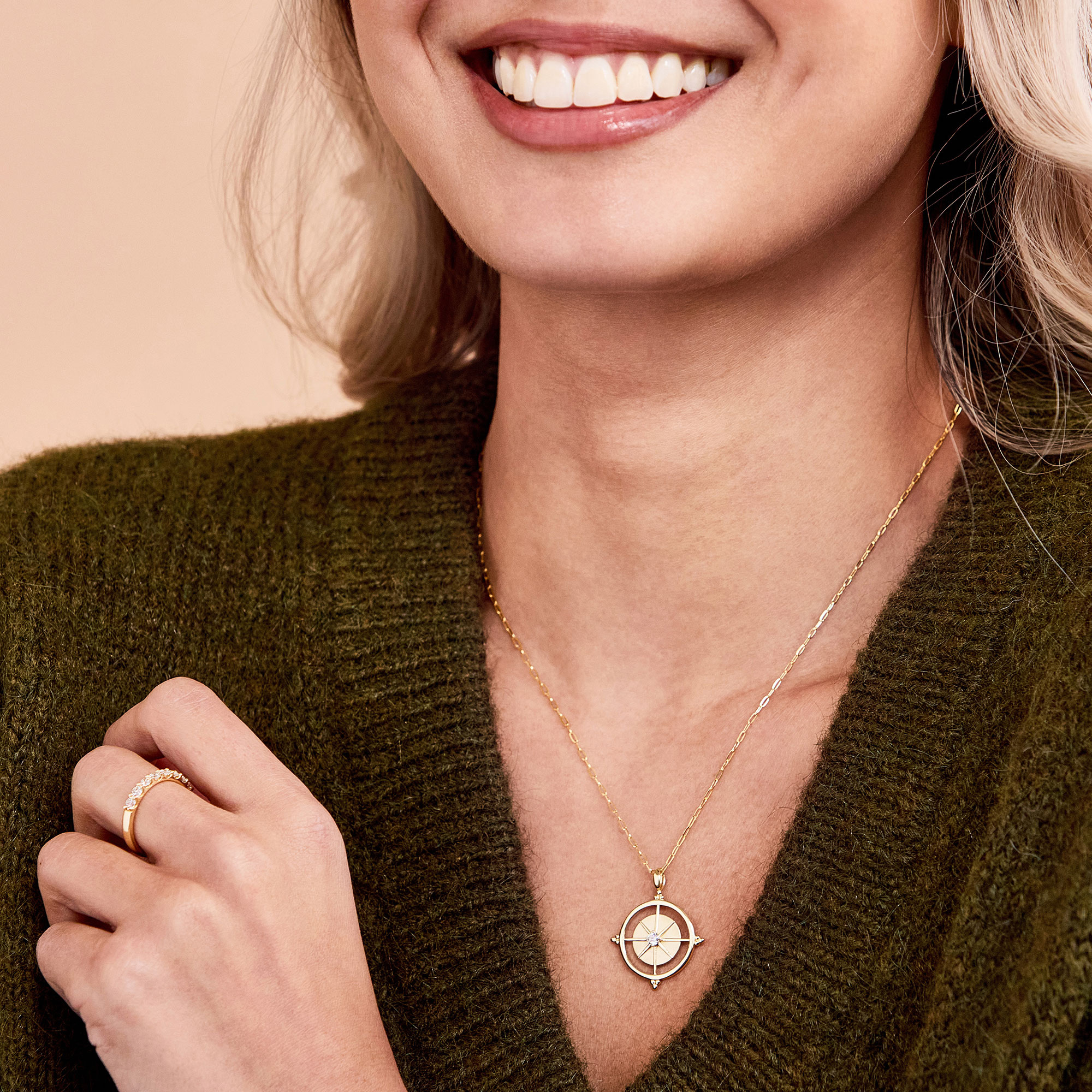 Compass Pendant Necklace with Ikuma Diamond, 14K Yellow Gold