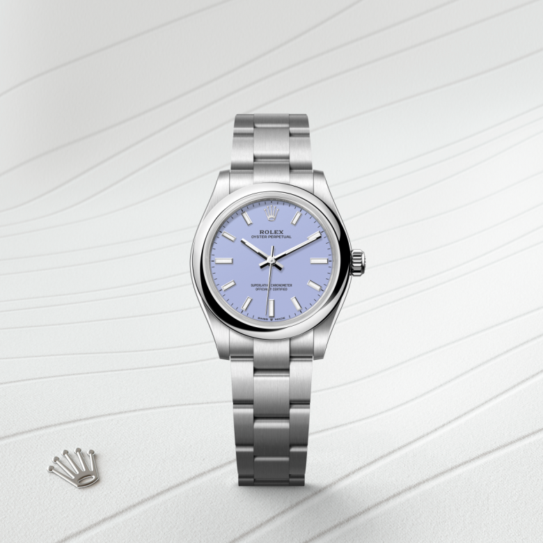 rolex oyster perpetual in oystersteel, m277200-0014 - watch with background color - ben bridge