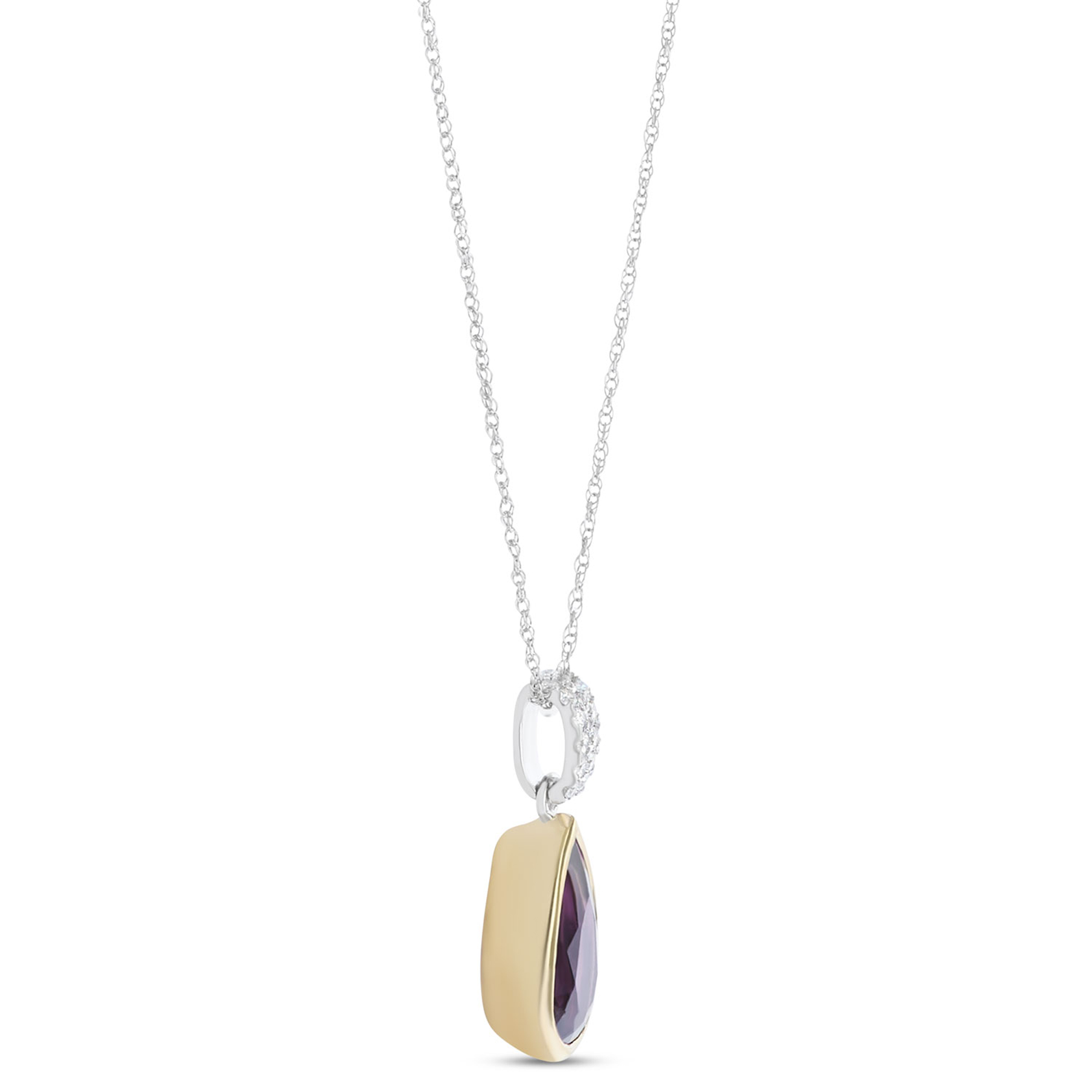 Bezel Set Pear Shaped Amethyst Pendant, 14K White and Yellow Gold