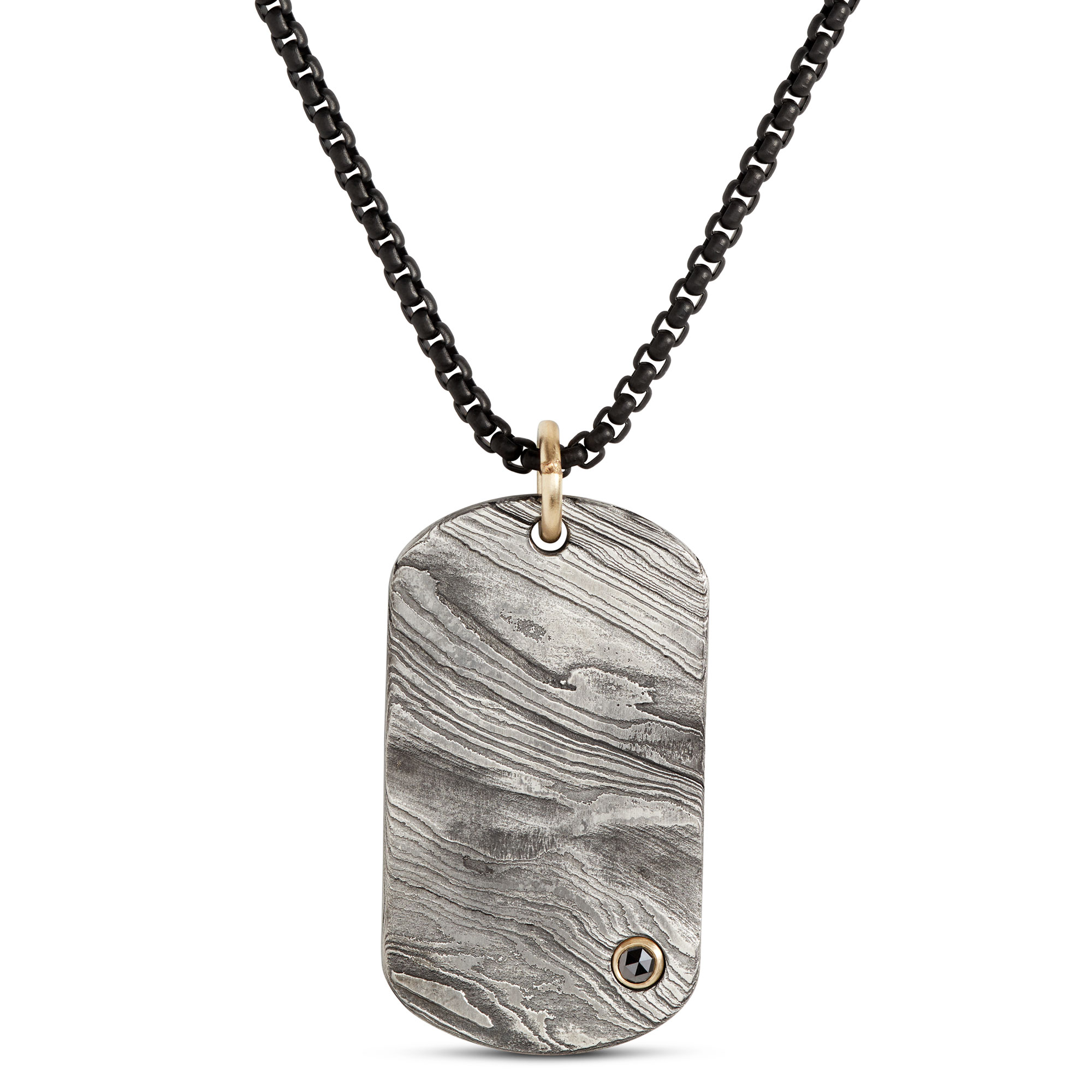 Damascus Dog Tag Pendant on Black Stainless-Steel Chain