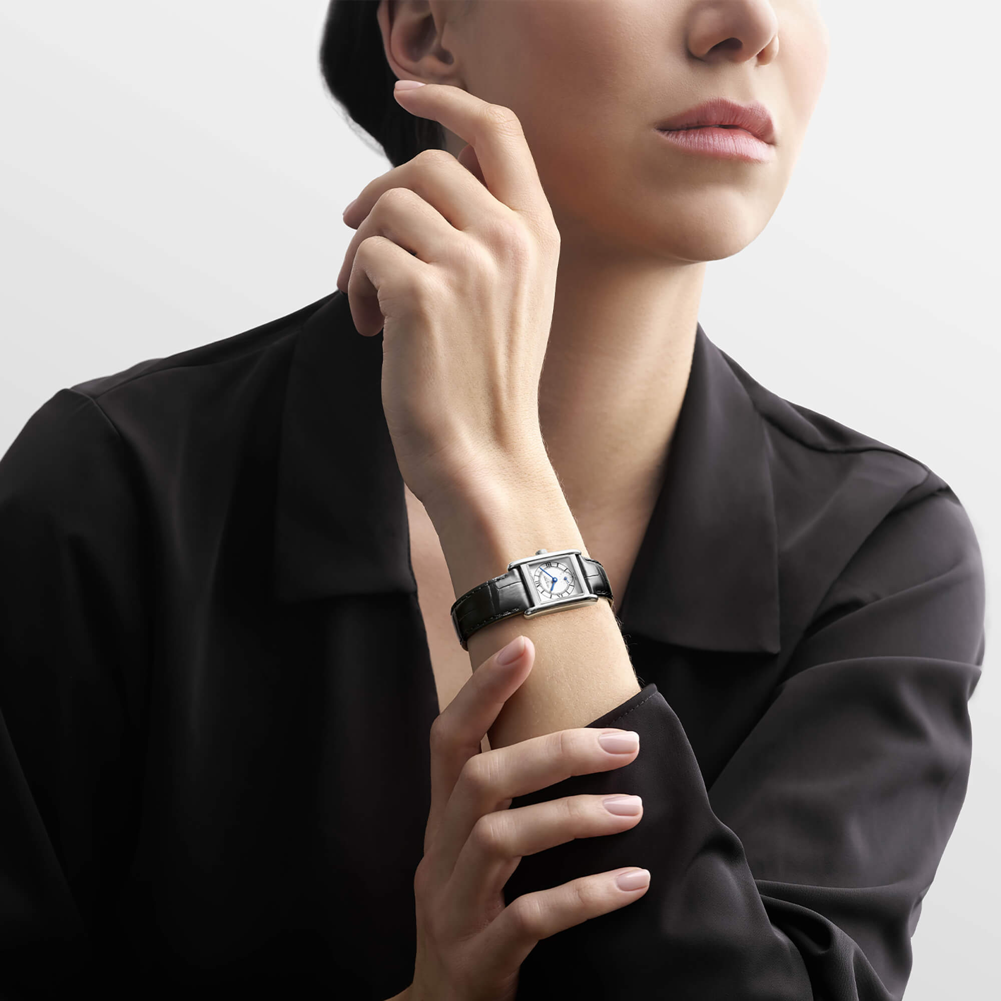 Longines Mini Dolcevita Watch Silver-Tone Dial Black Leather Strap, 29mm