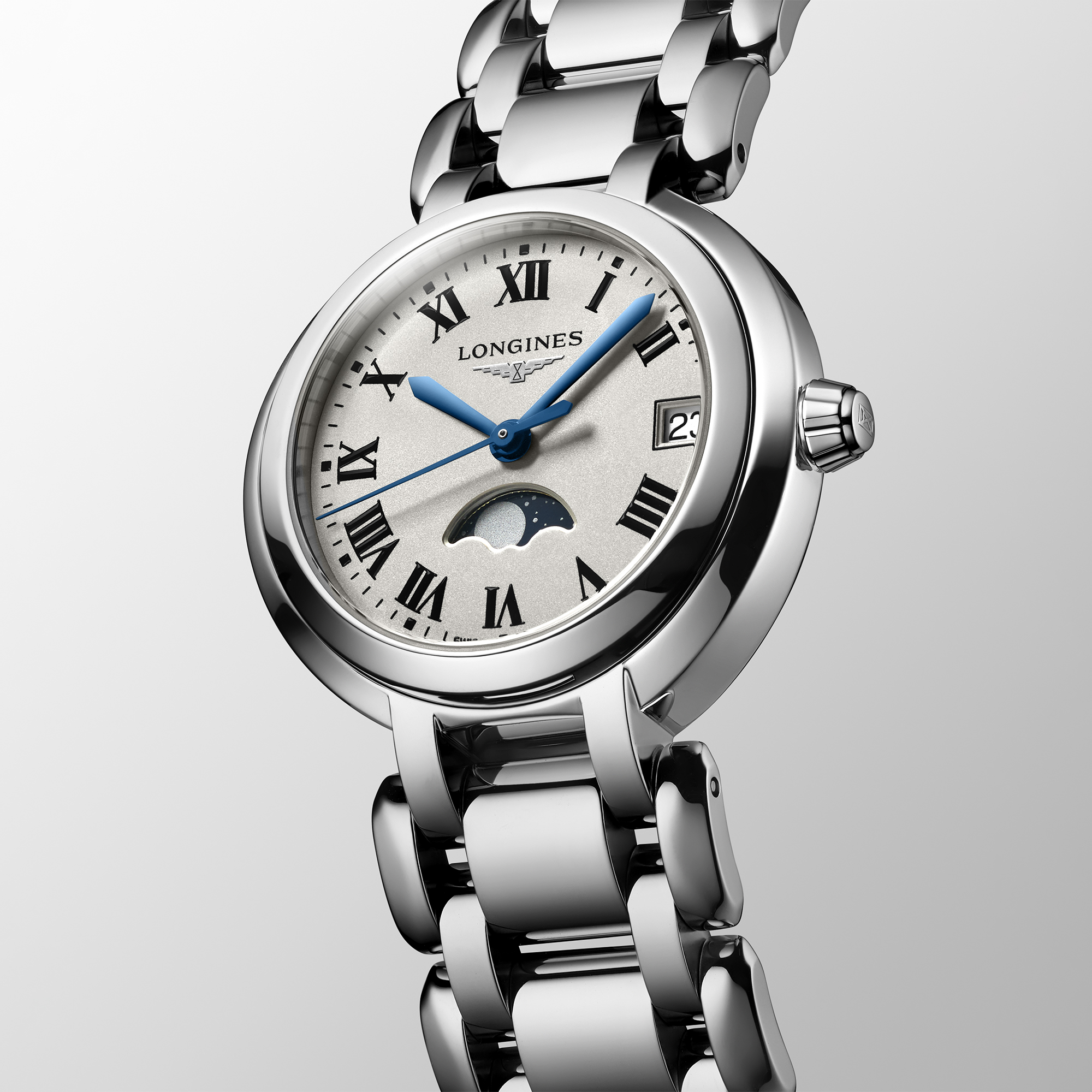 Longines PrimaLuna Watch Silver Dial Steel Bracelet, 30mm