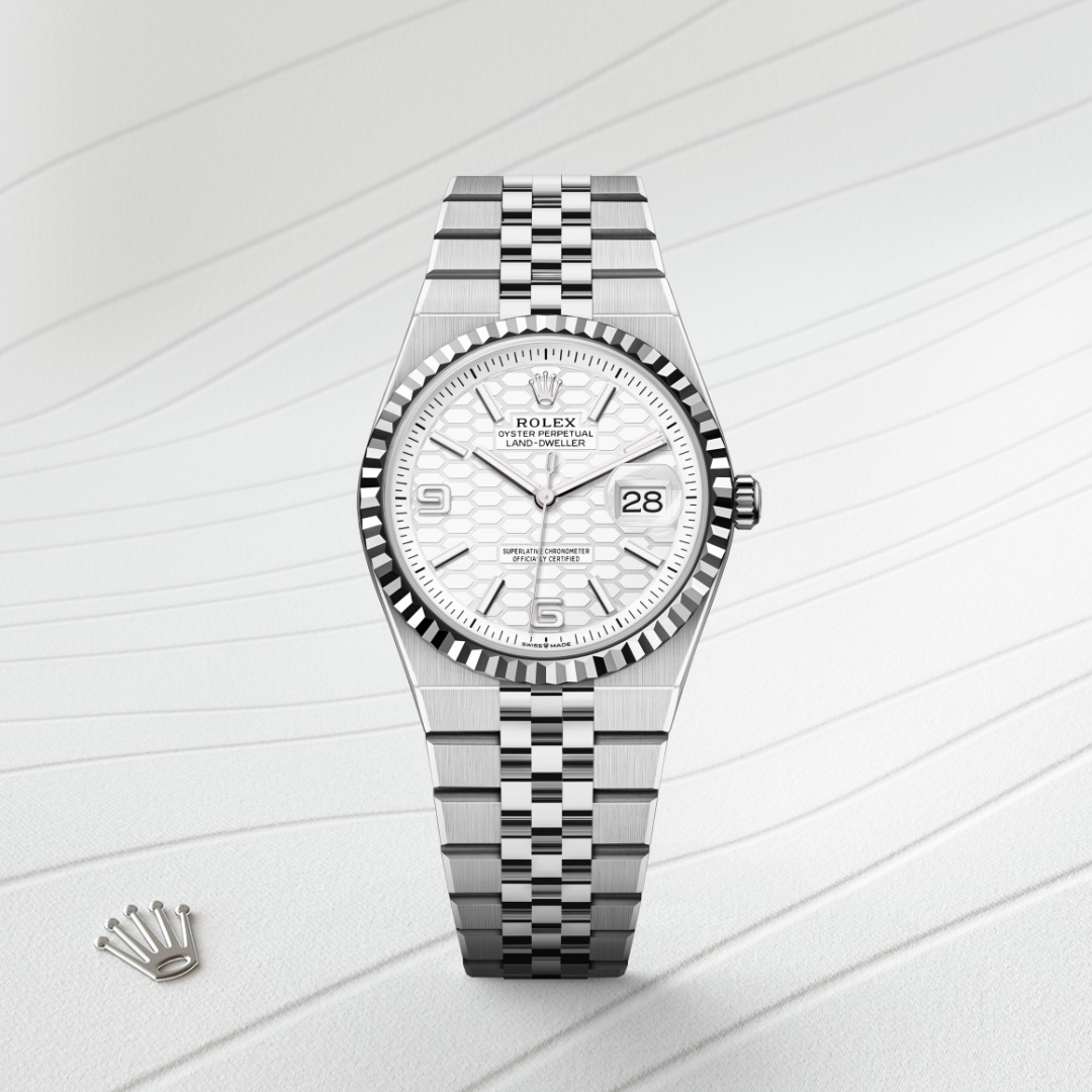 rolex land-dweller in white rolesor - combination of oystersteel and white gold, m127234-0001 - watch with background color - ben bridge