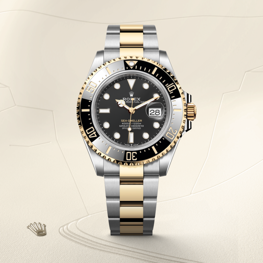 rolex sea-dweller in yellow rolesor - combination of oystersteel and yellow gold, m126603-0001 - watch with background color - ben bridge