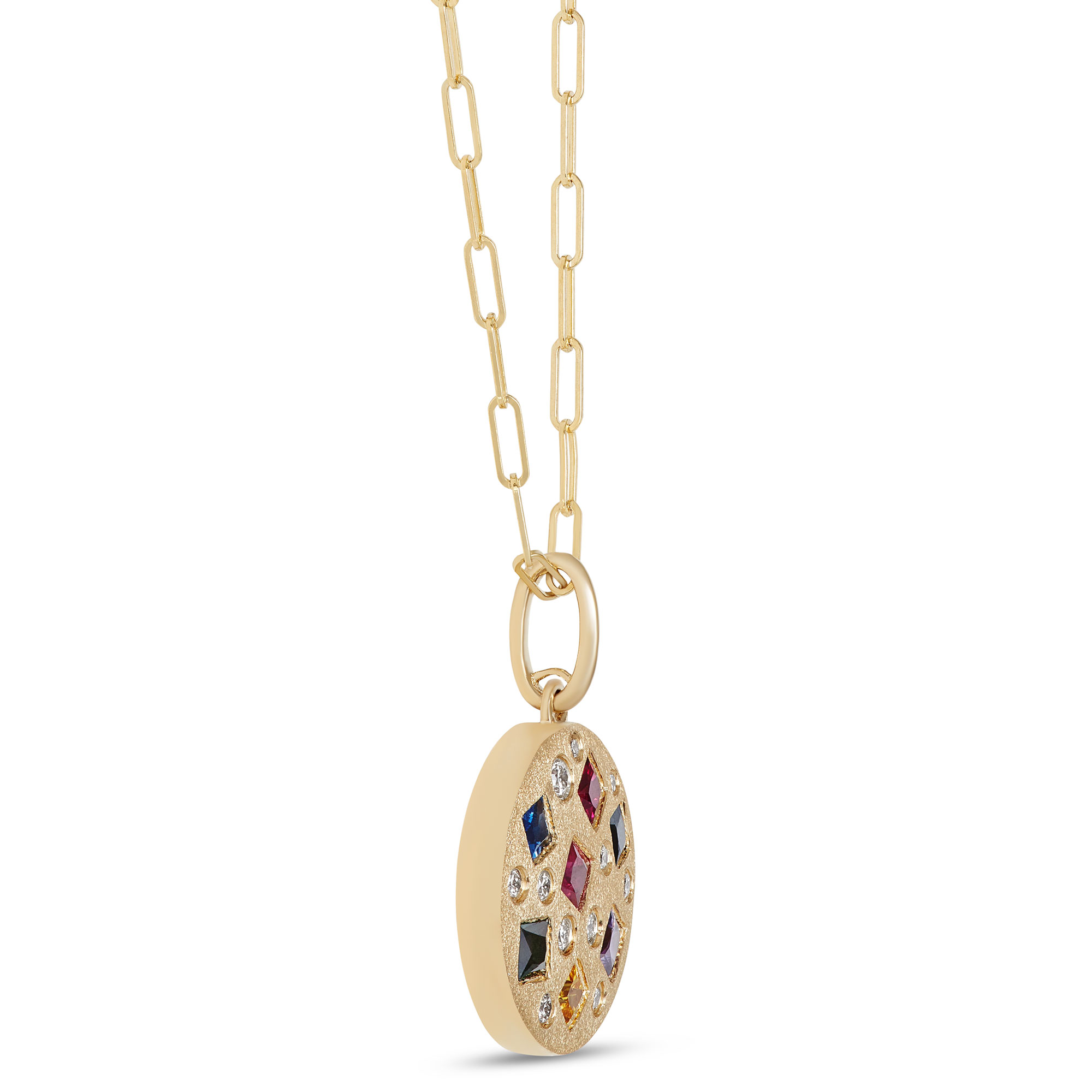 Confetti Rainbow Sapphire and Diamond Pendant, 14K Yellow Gold