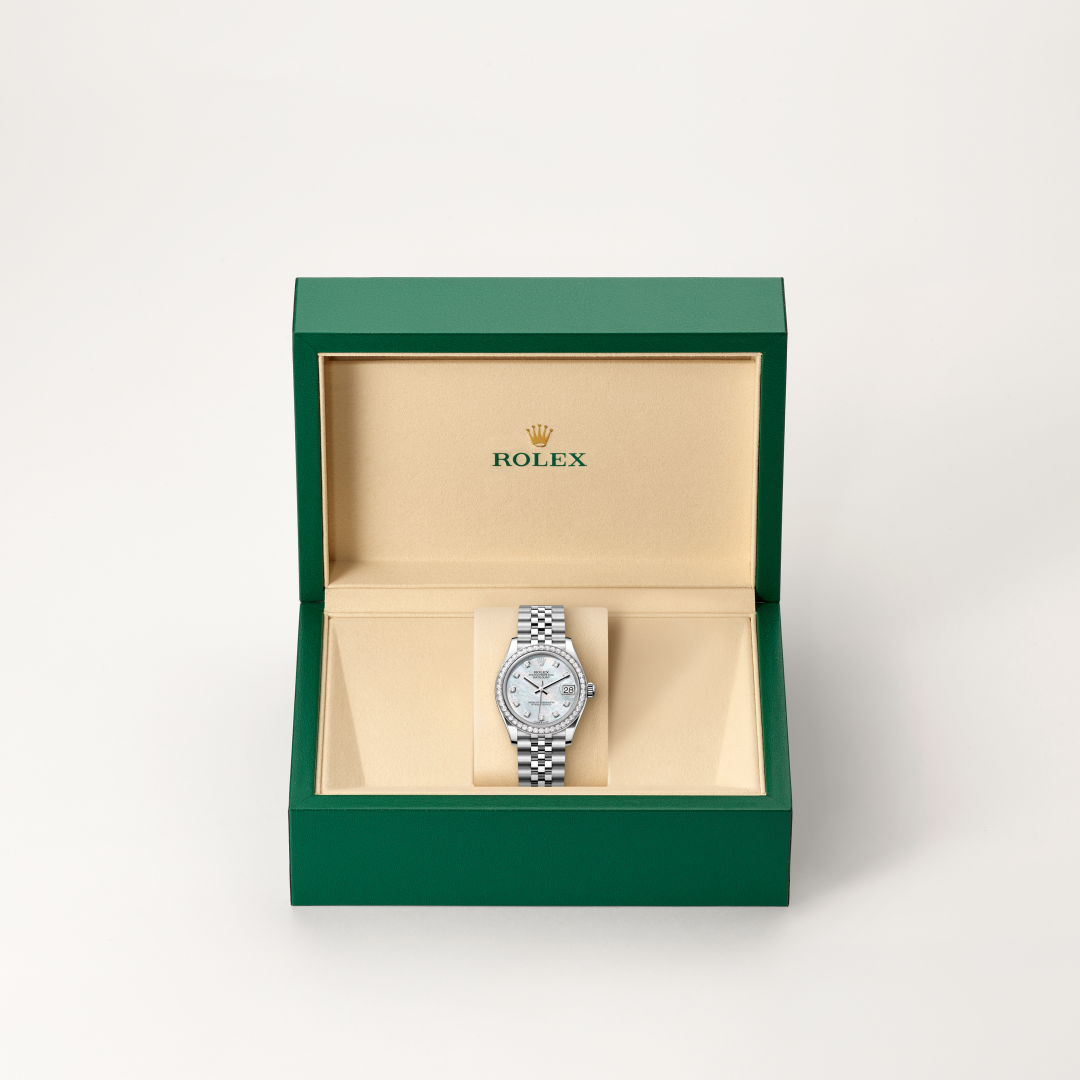 rolex datejust in white rolesor - combination of oystersteel and white gold, m278384rbr-0008 - in rolex box - ben bridge