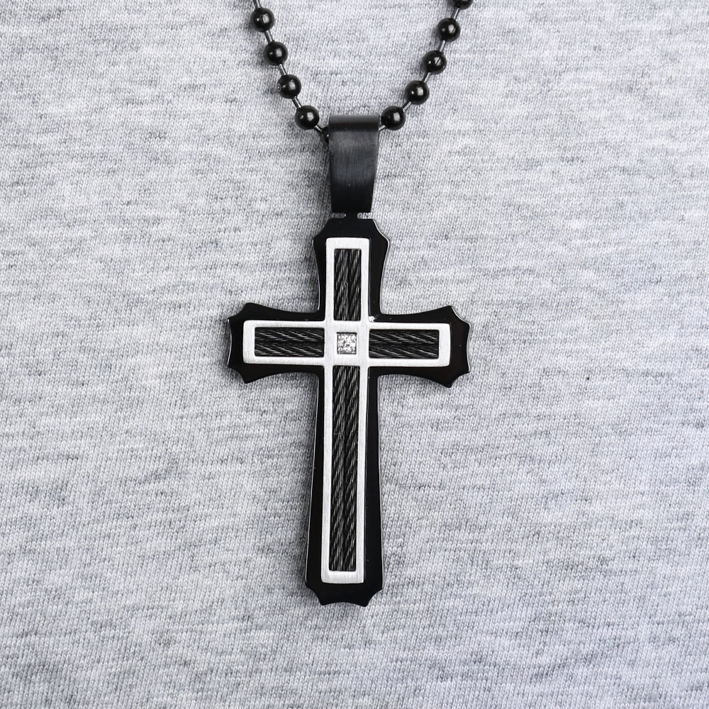 Men's Black Cross with Diamond Necklace in Stainless Steel