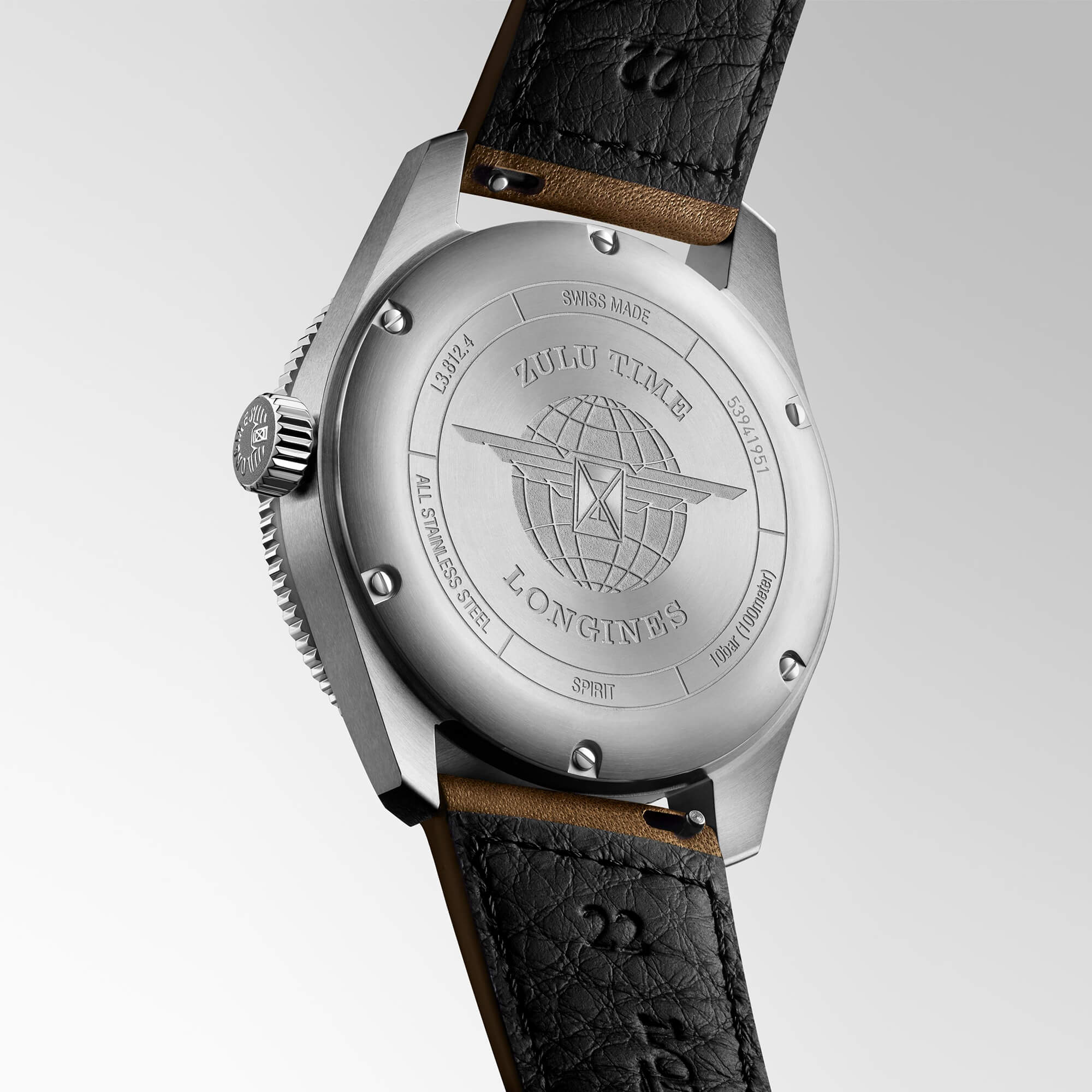 Longines Spirit Zulu Time Watch Black Dial Brown Leather Strap, 42mm