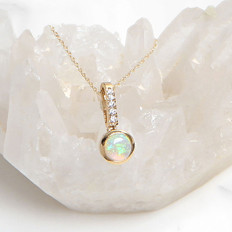 Bezel Set Opal & Diamond Necklace 14K
