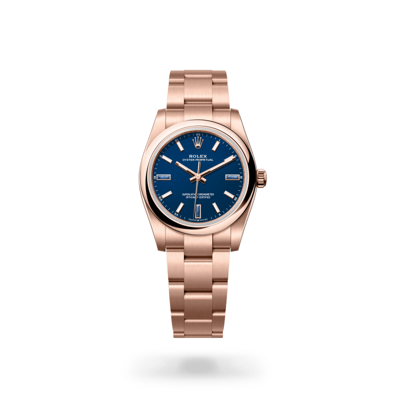 rolex oyster perpetual in 18 ct everose gold, m124205-0002 - ben bridge