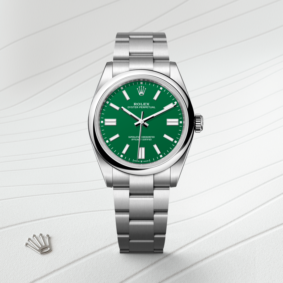 rolex oyster perpetual in oystersteel, m134300-0004 - watch with background color - ben bridge