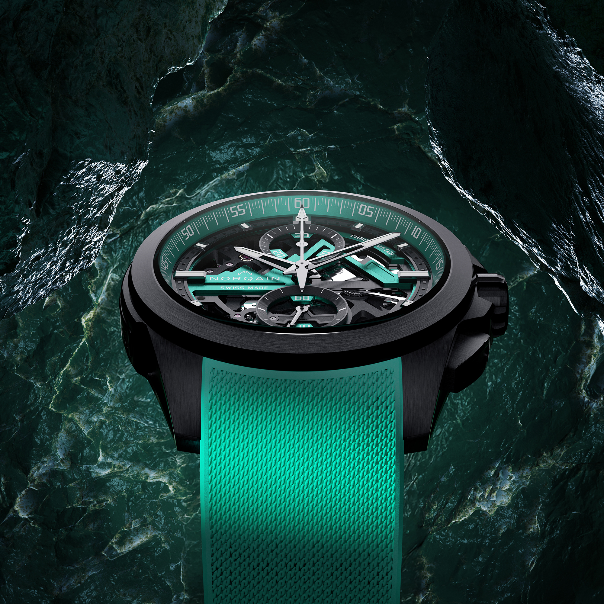 NORQAIN Independence Skeleton Chrono Green Dial Watch, 42mm
