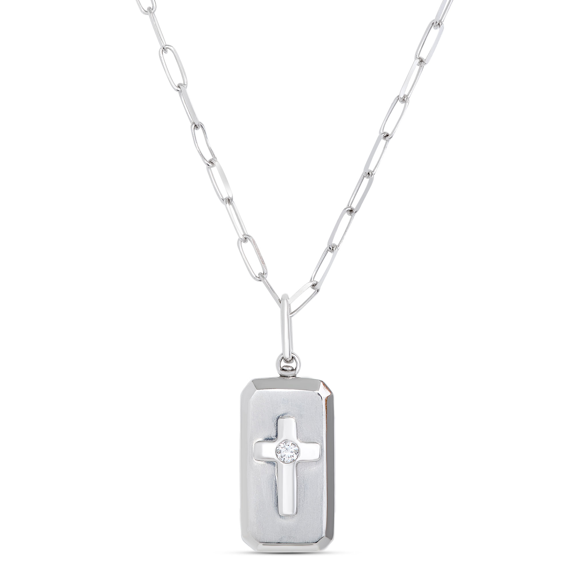 Ikuma Square Cross Diamond Pendant on Paperclip Chain, 14K White Gold