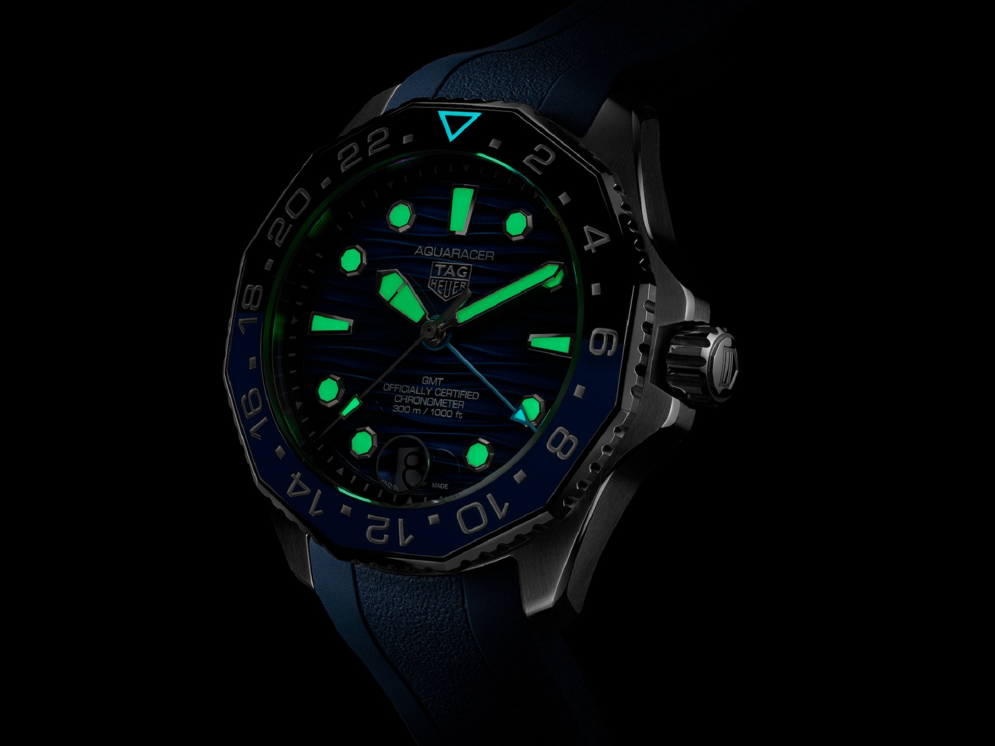 TAG Heuer Aquaracer Professional 300 GMT Blue Dial Blue Rubber Strap Watch, 42mm