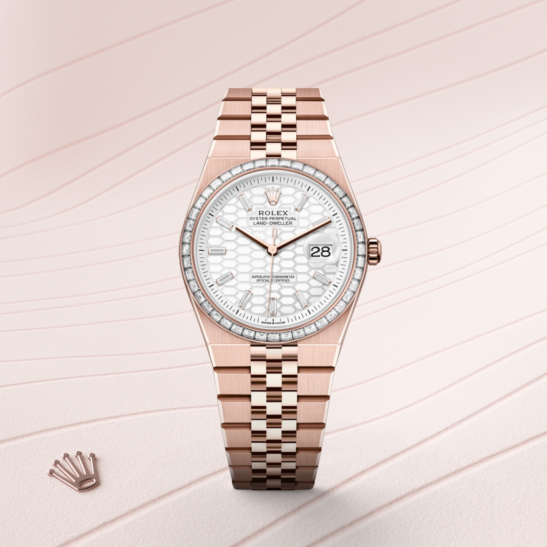 rolex land-dweller in 18 ct everose gold, m127285tbr-0002 - watch with background color - ben bridge
