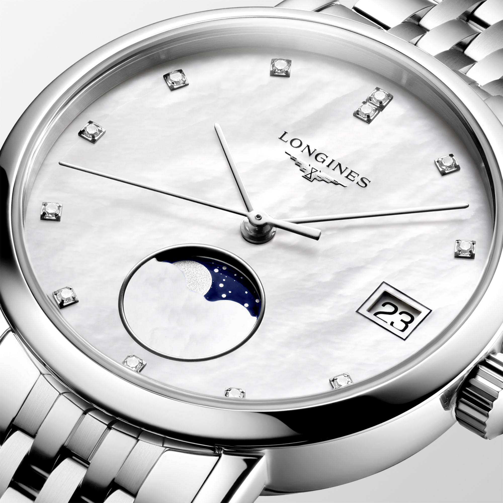 Longines Elegant Collection Moon Phase White Mother-of-Pearl Dial Watch, 30mm