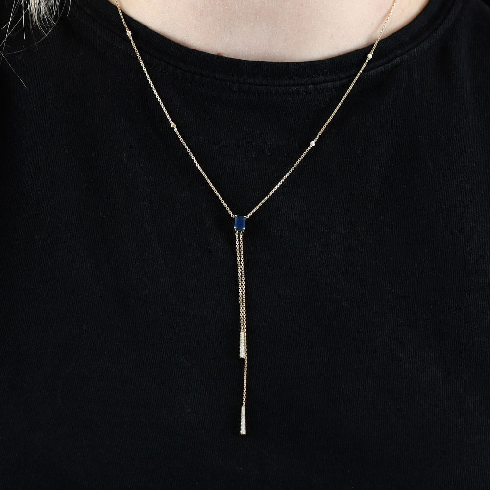 Sapphire & Diamond Stationary Lariat Necklace 14K