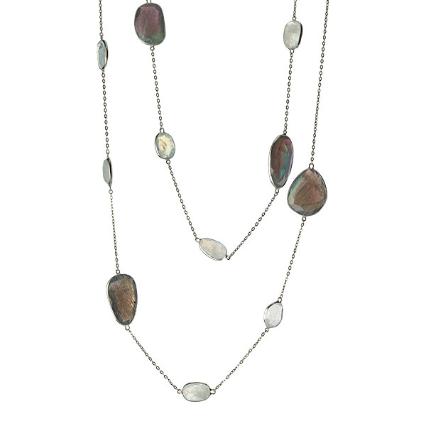 Rainbown Moon Stone Stationary Necklace in Sterling Silver