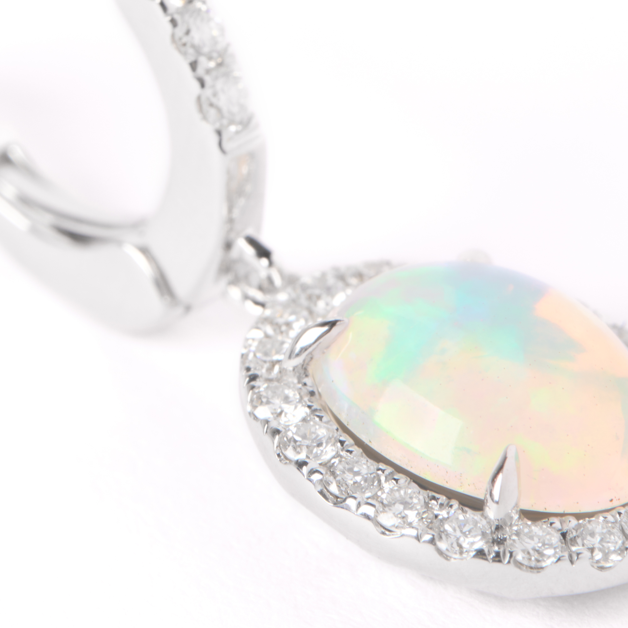 Oval Opal Earrings with Diamond Halo, 14K White Gold