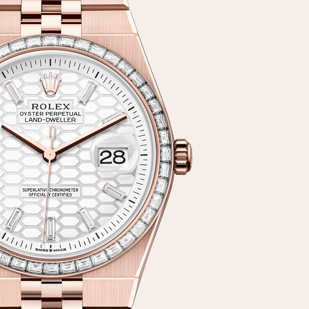 rolex land-dweller in 18 ct everose gold, m127285tbr-0002 - watch dial - ben bridge