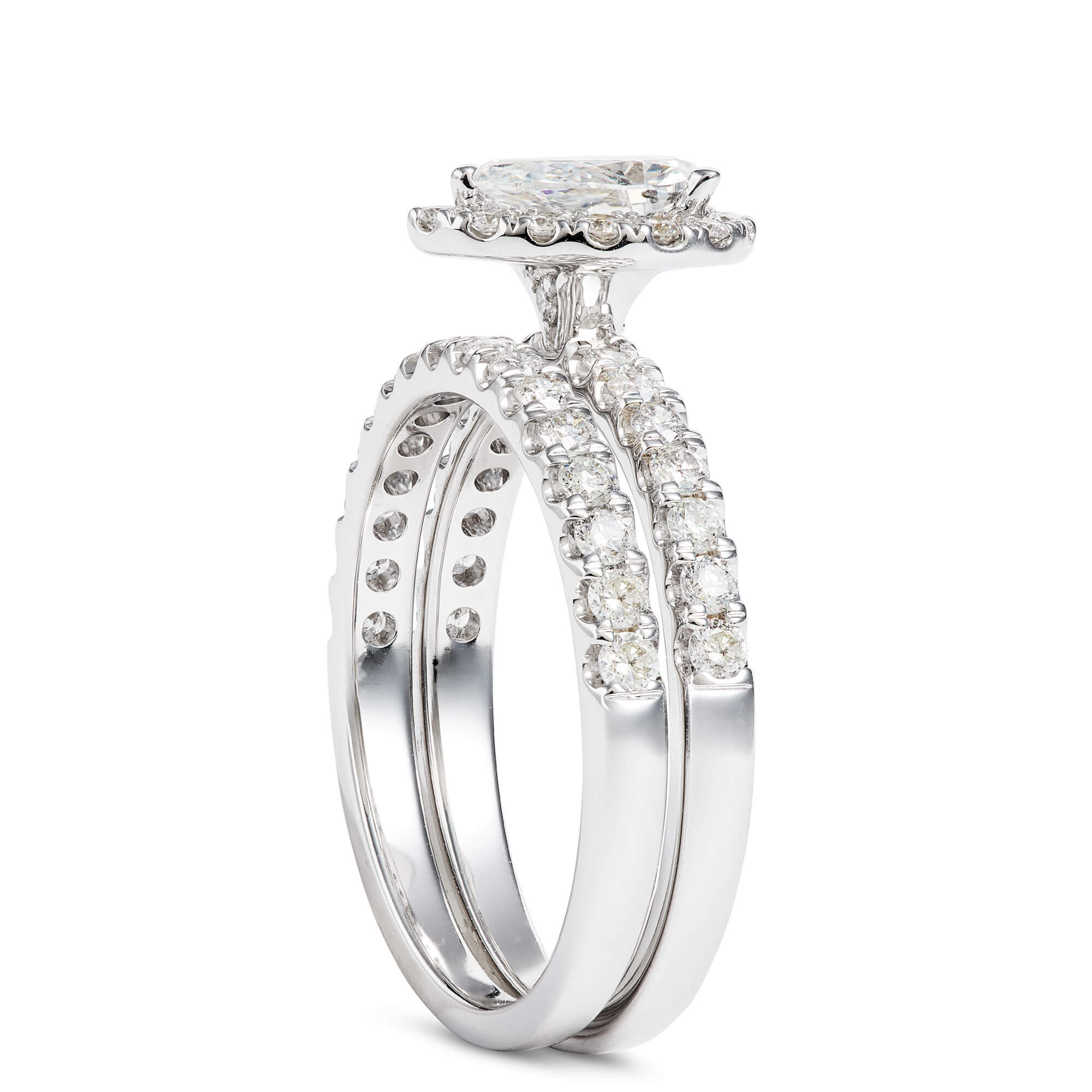 Pear Shape Halo and Round Diamond Bridal Set, 14K White Gold