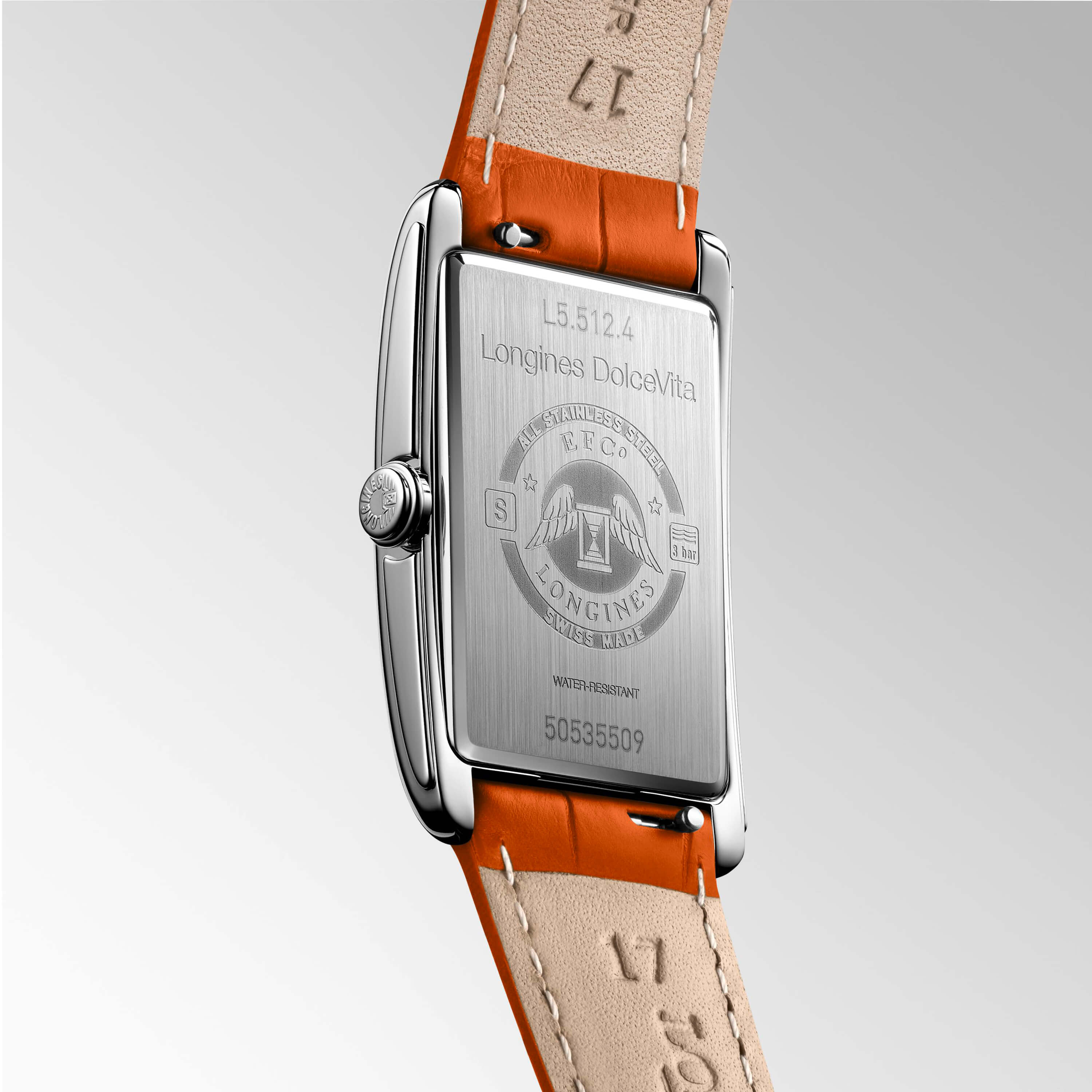 Longines DolceVita Watch Rectangle Orange Dial Orange Leather Strap, 23mm