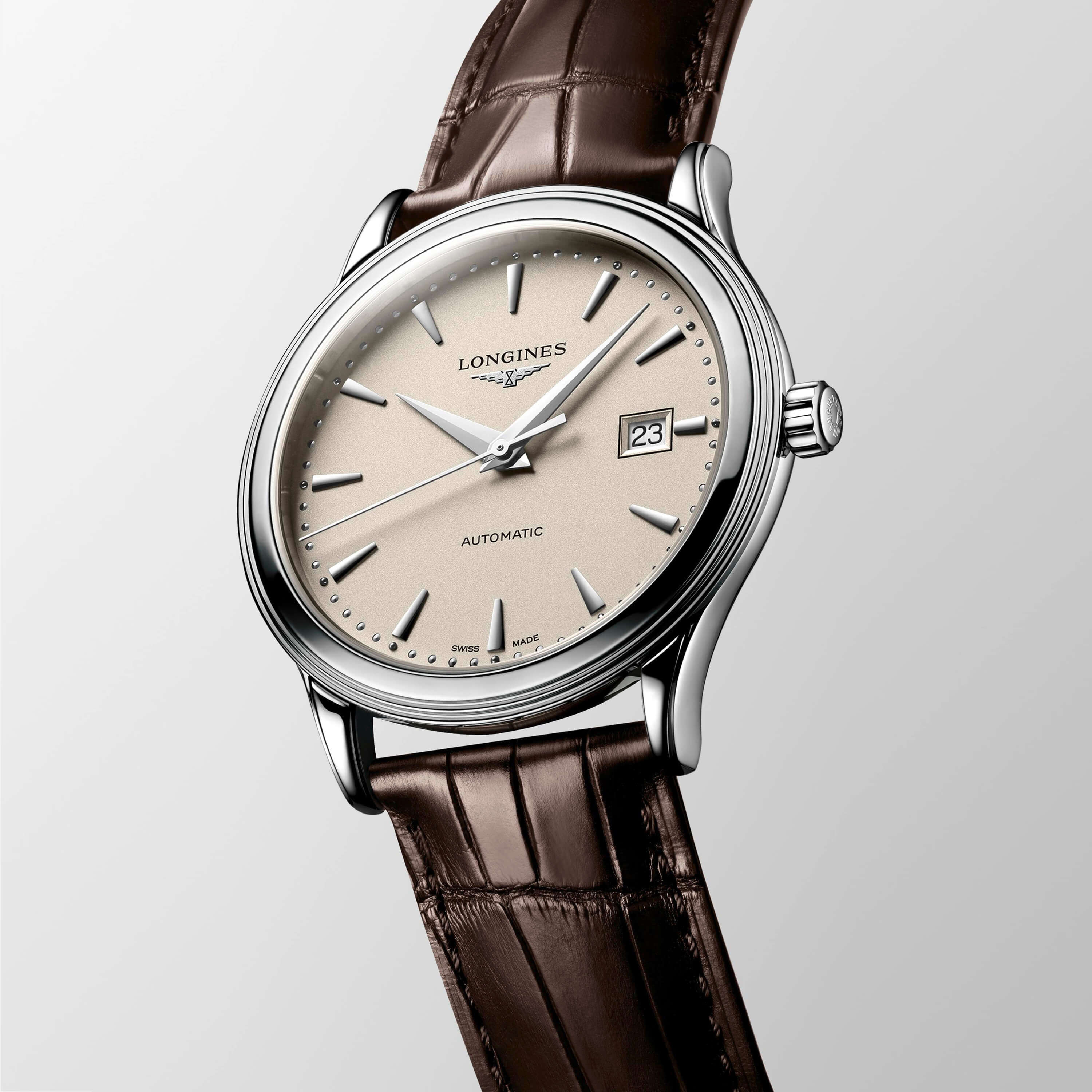 Longines Flagship Watch Beige Dial Brown Leather Strap, 40mm