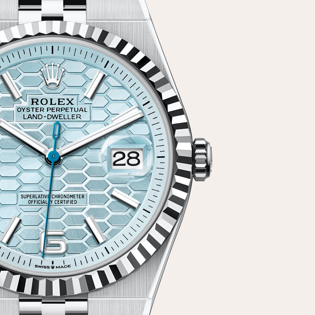 rolex land-dweller in platinum, m127336-0001 - watch dial - ben bridge