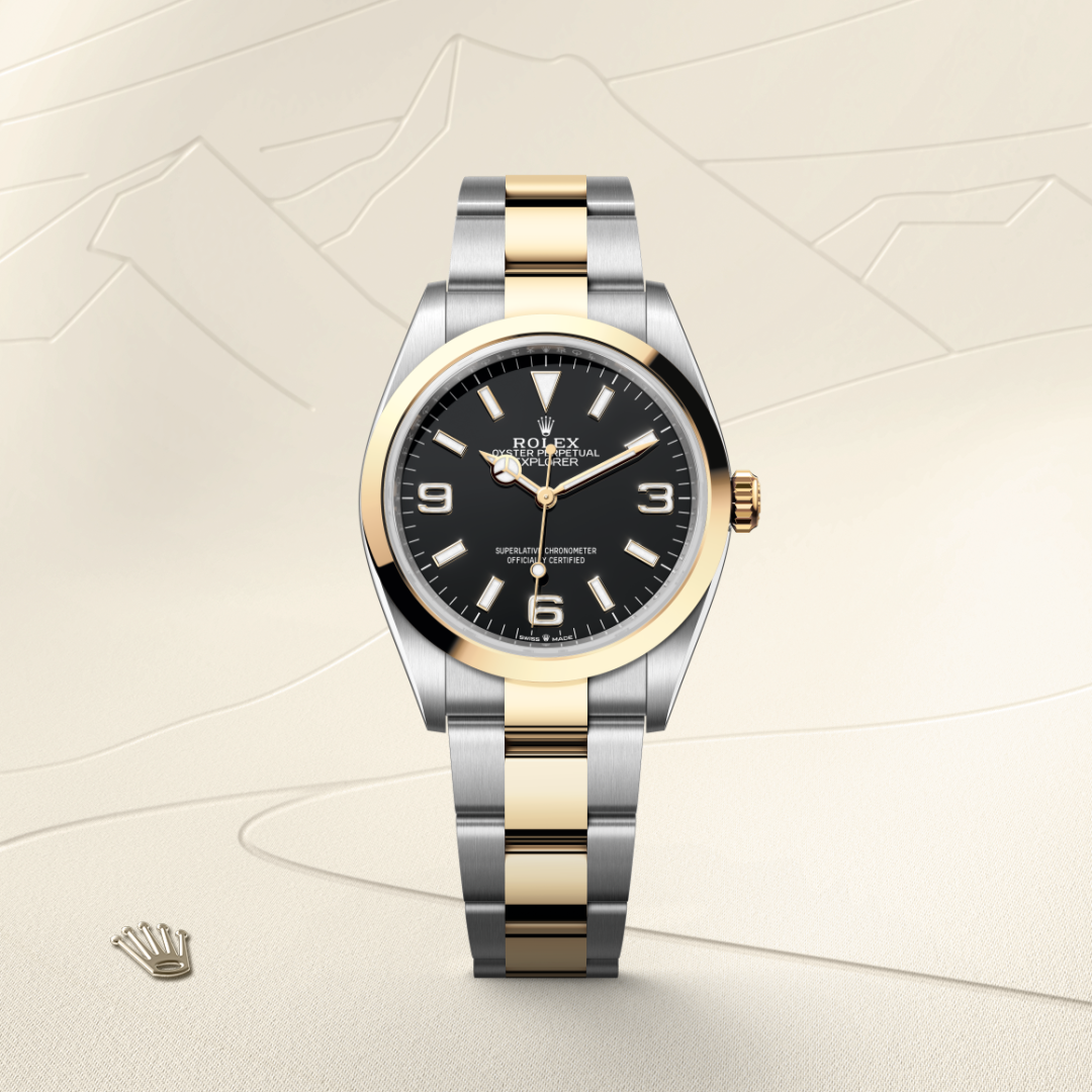 rolex explorer in yellow rolesor - combination of oystersteel and yellow gold, m124273-0001 - watch with background color - ben bridge