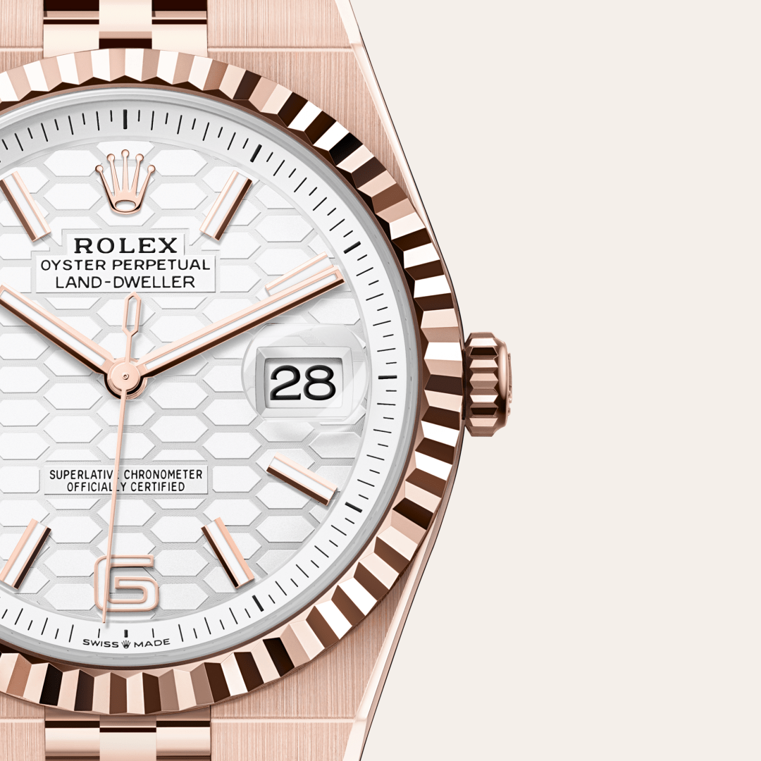 rolex land-dweller in 18 ct everose gold, m127335-0001 - watch dial - ben bridge