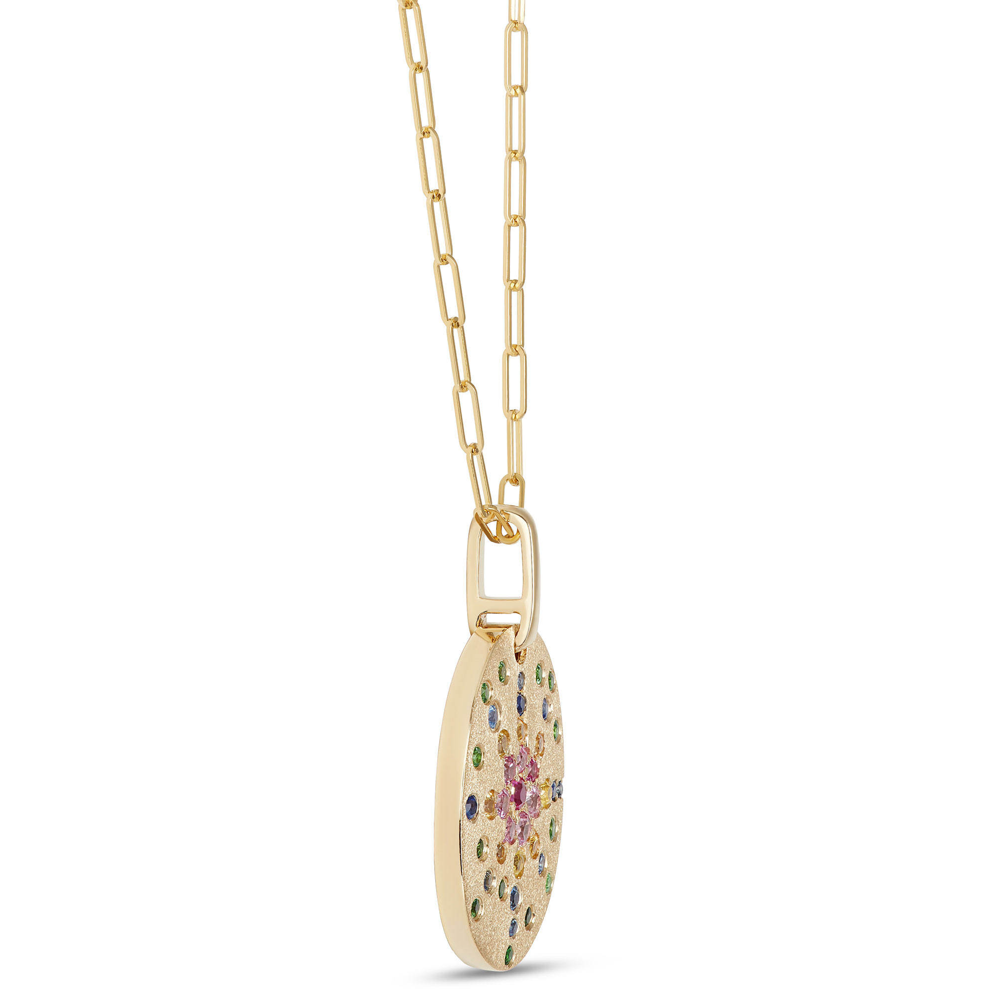 Oval Shaped Confetti Gemstone Pendant, 14K Yellow Gold