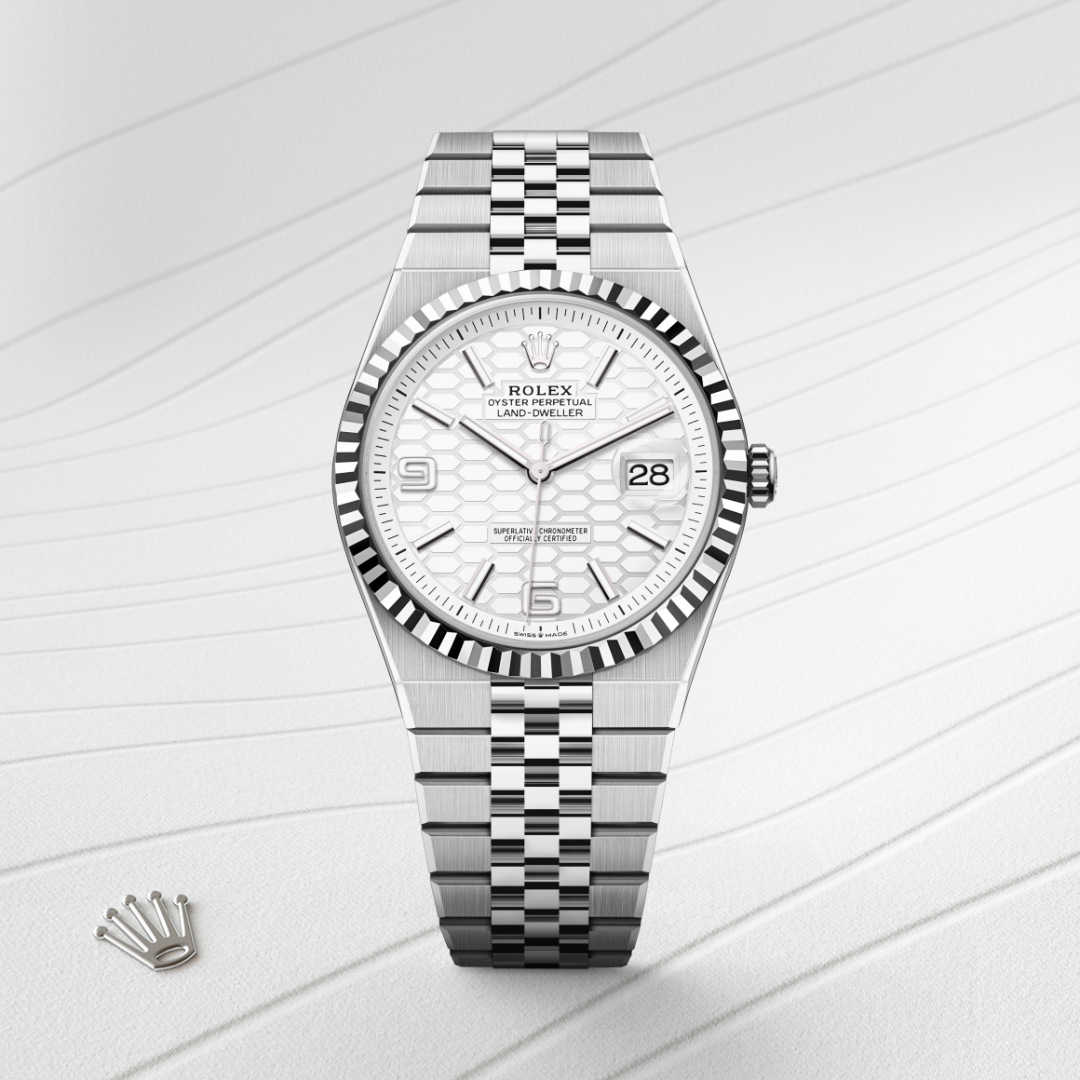 rolex land-dweller in white rolesor - combination of oystersteel and white gold, m127334-0001 - watch with background color - ben bridge