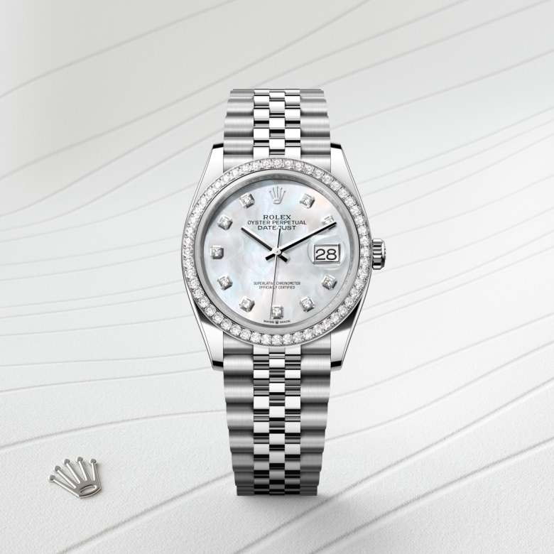 rolex datejust in white rolesor - combination of oystersteel and white gold, m126284rbr-0011 - watch with background color - ben bridge