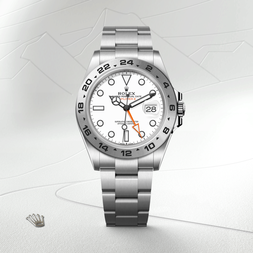 rolex explorer ii in oystersteel, m226570-0001 - watch with background color - ben bridge
