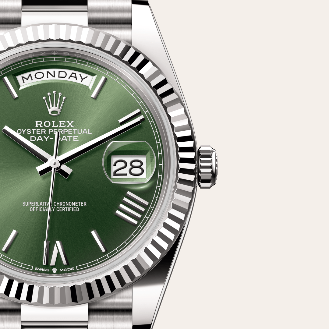 rolex day-date in 18 ct white gold, m228239-0033 - watch dial - ben bridge