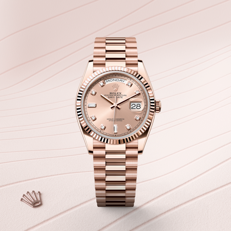 rolex day-date in 18 ct everose gold, m128235-0009 - watch with background color - ben bridge
