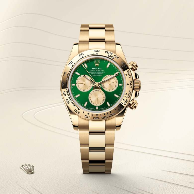 rolex cosmograph daytona in 18 ct yellow gold, m126508-0008 - watch with background color - ben bridge
