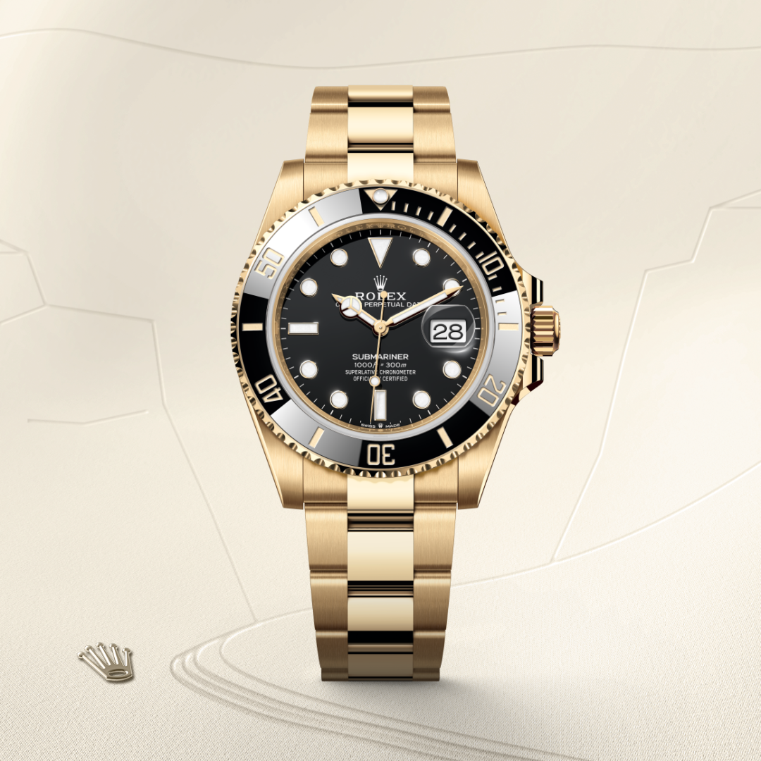 rolex submariner in 18 ct yellow gold, m126618ln-0002 - watch with background color - ben bridge