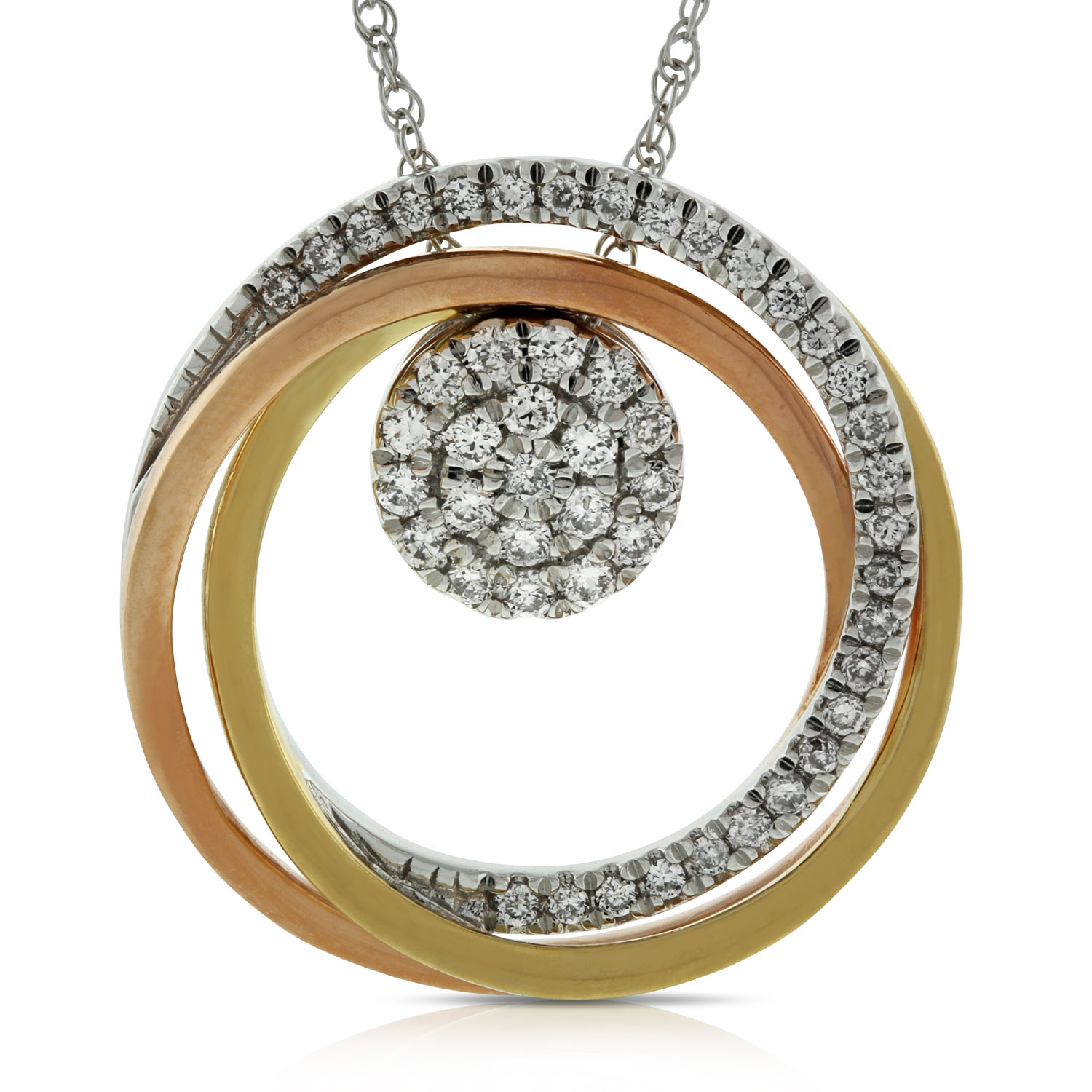 14k Tri-Color Tri-color Diamond-cut Beads on Spiral Pendant Necklace