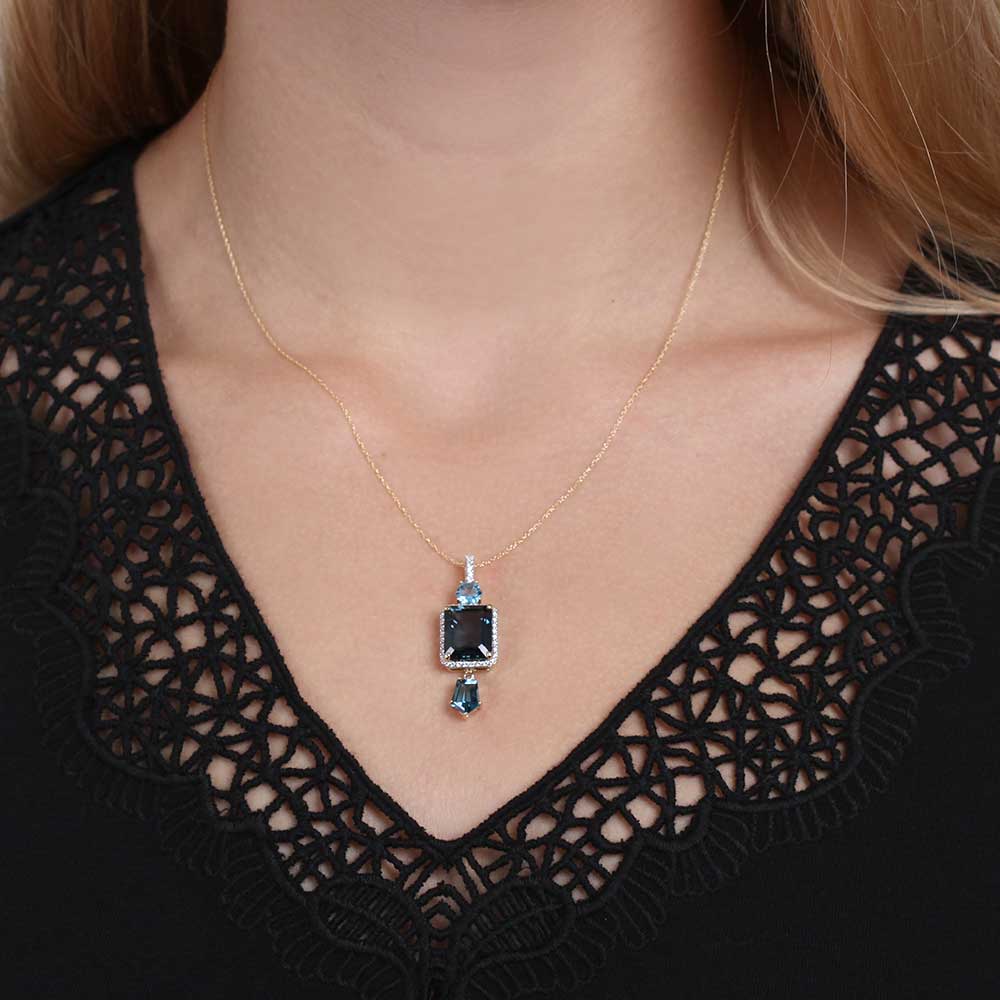 Geometric Blue Topaz & Diamond Pendant, 14K Yellow Gold