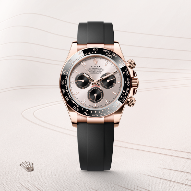 rolex cosmograph daytona in 18 ct everose gold, m126515ln-0006 - watch with background color - ben bridge