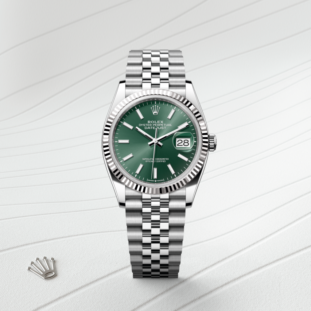 rolex datejust in white rolesor - combination of oystersteel and white gold, m126234-0051 - watch with background color - ben bridge