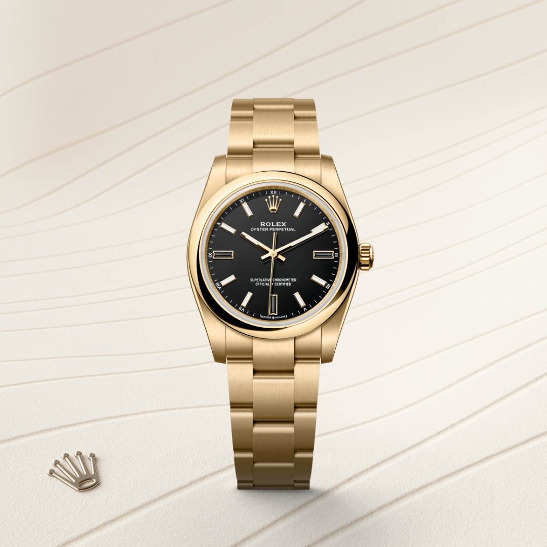 rolex oyster perpetual in 18 ct yellow gold, m124208-0001 - watch with background color - ben bridge