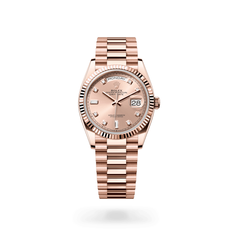 rolex day-date in 18 ct everose gold, m128235-0009 - ben bridge