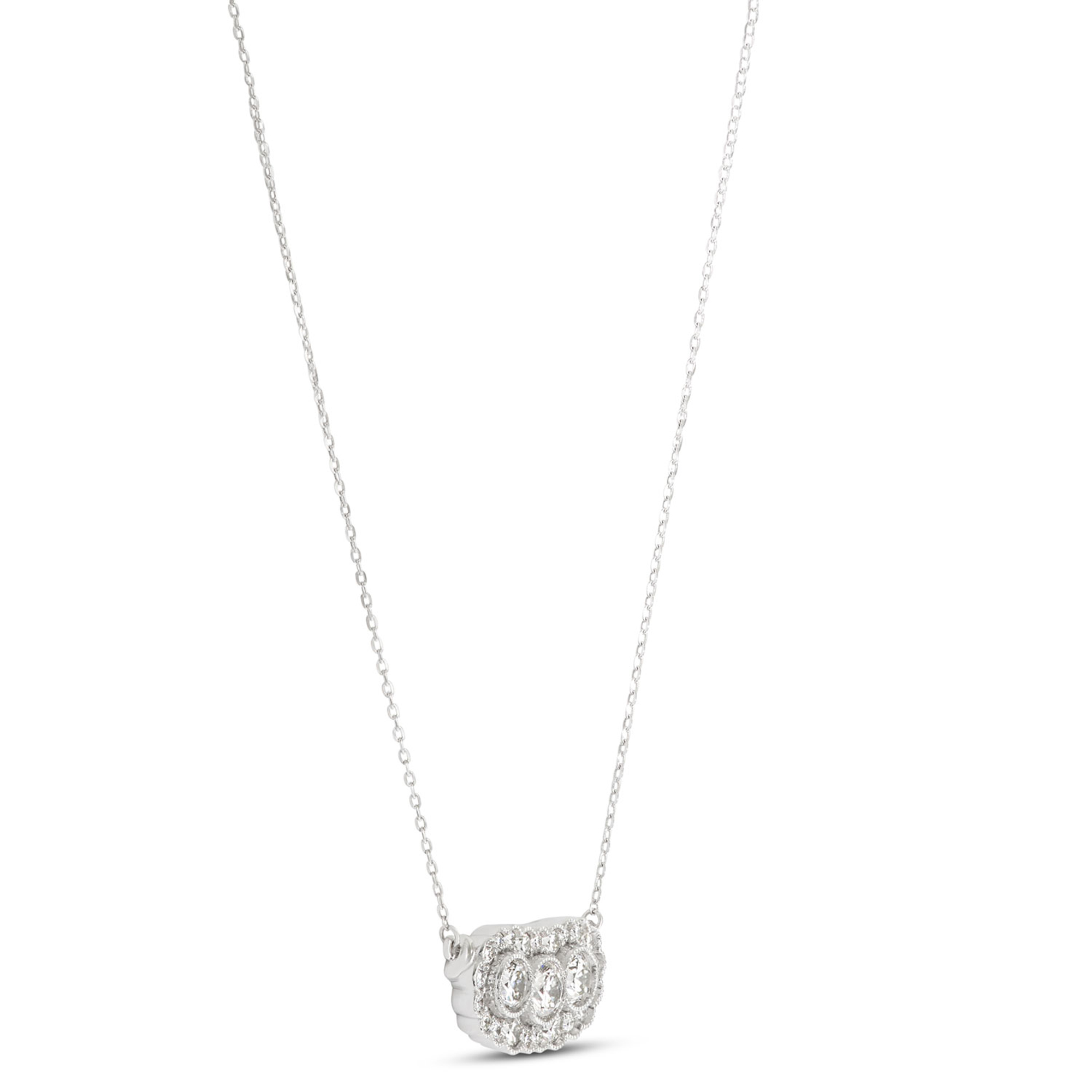 Three Stone Diamond Cluster Pendant, 14K White Gold
