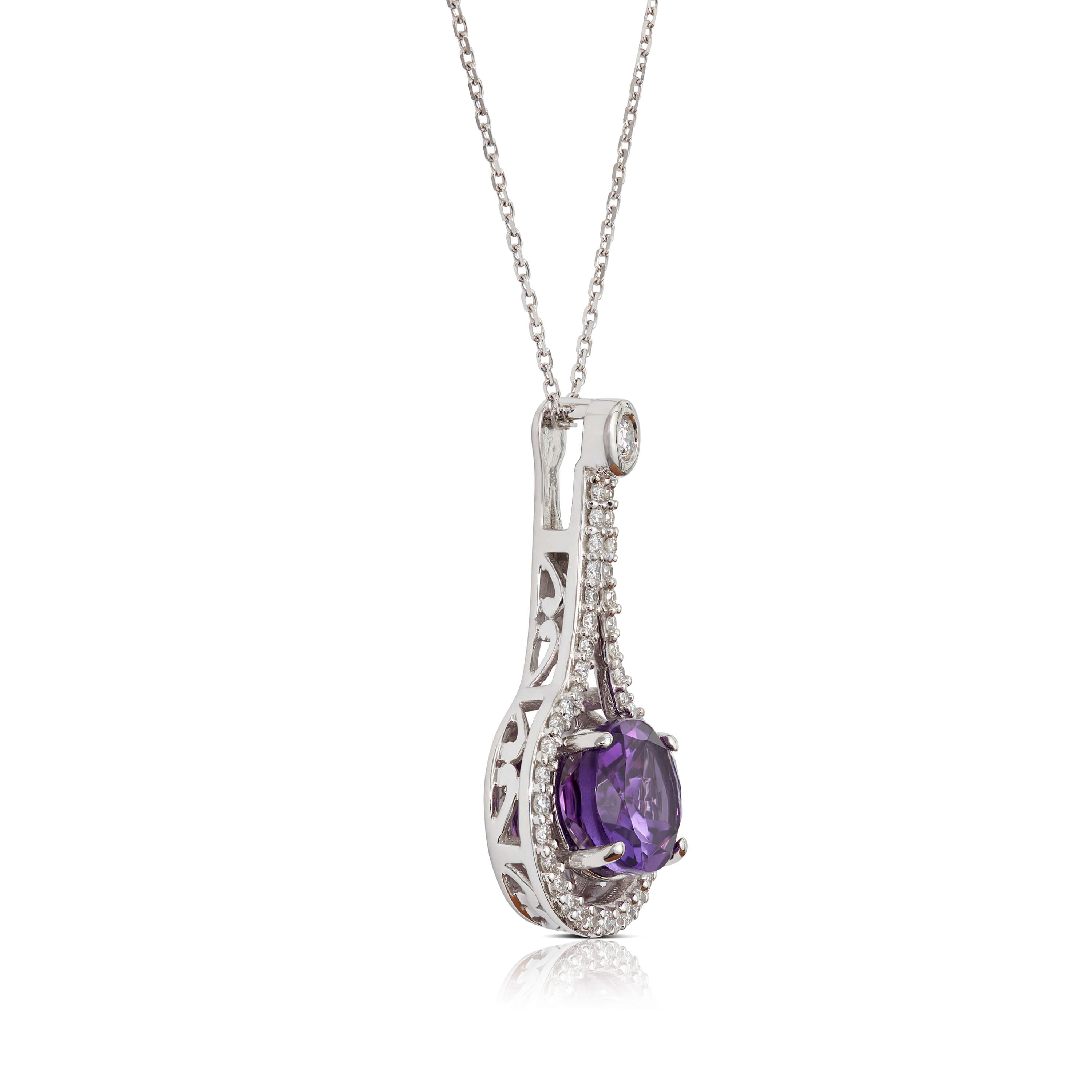 Oval Amethyst & Diamond Teardrop Halo Necklace 14K