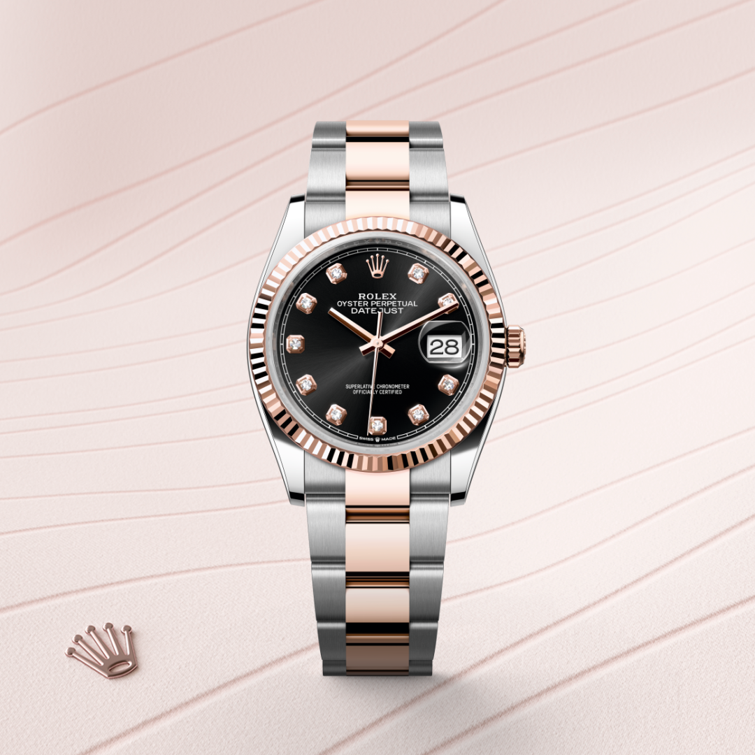 rolex datejust in everose rolesor - combination of oystersteel and everose gold, m126231-0020 - watch with background color - ben bridge
