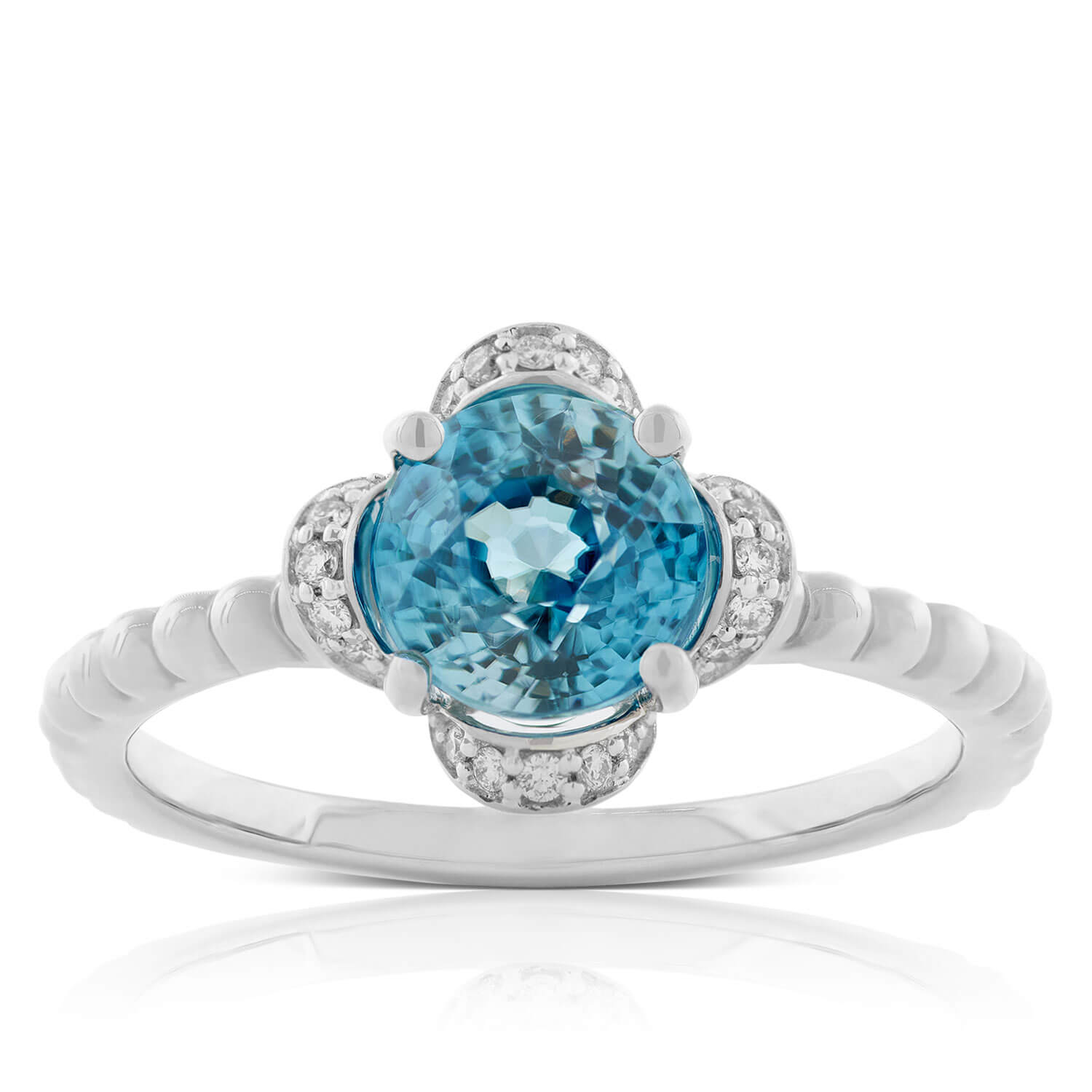 Blue Zircon & Diamond Flower Ring 14K