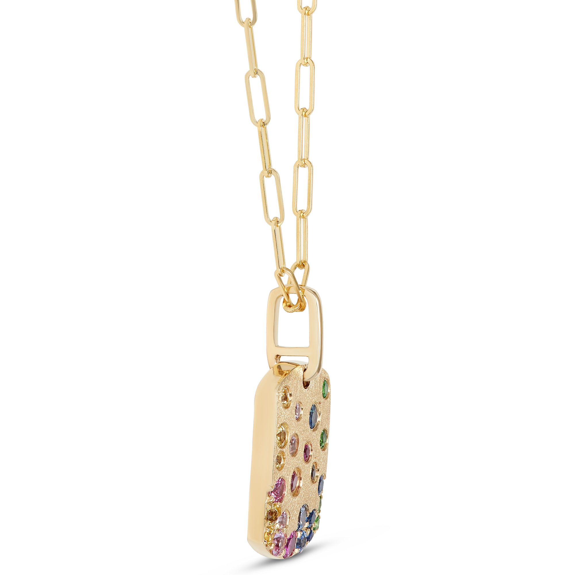 Confetti Sapphire and Tsavorite Dogtag Pendant, 14K Yellow Gold