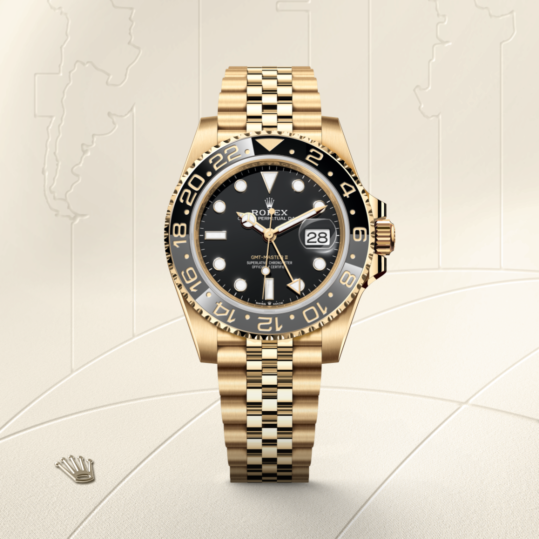 rolex gmt-master ii in 18 ct yellow gold, m126718grnr-0001 - watch with background color - ben bridge